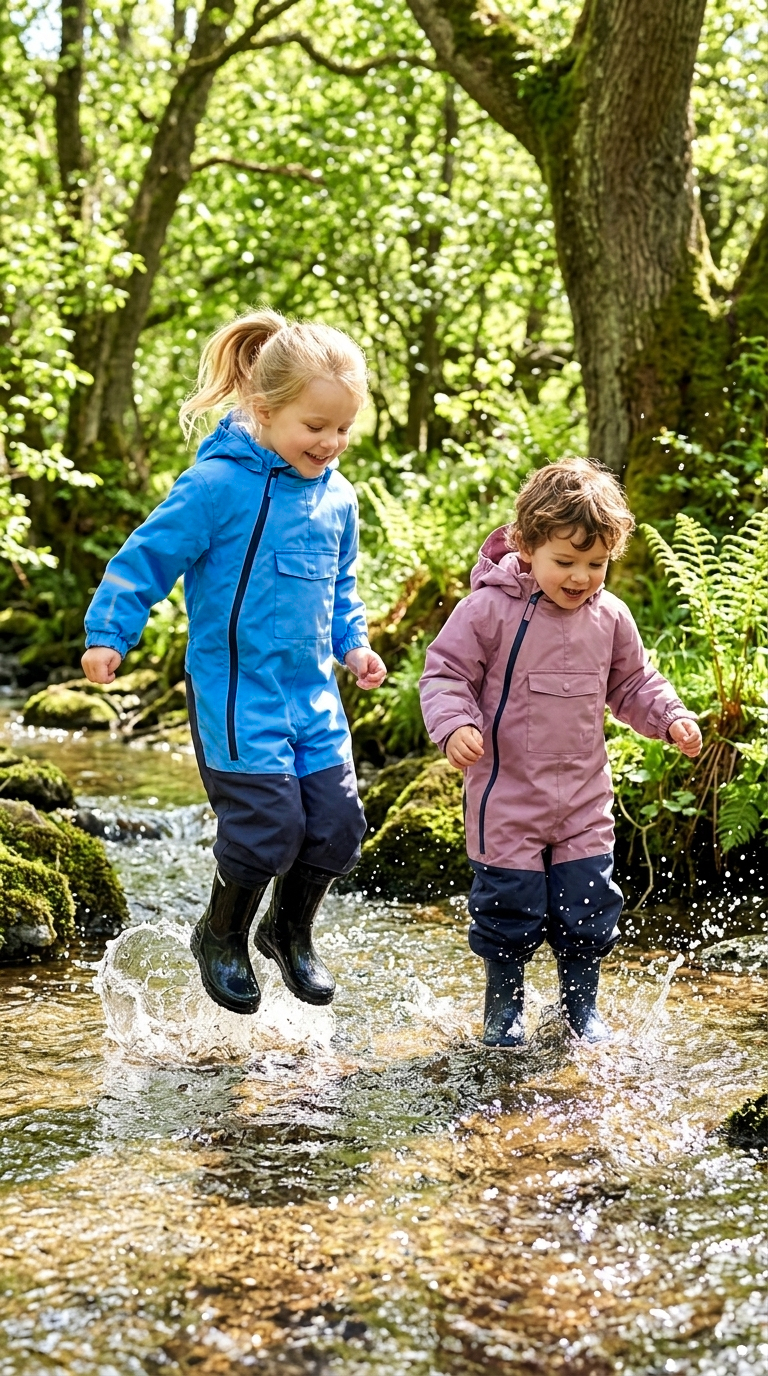 Two children in blue and pink waterproof suits splashing through a woodland stream